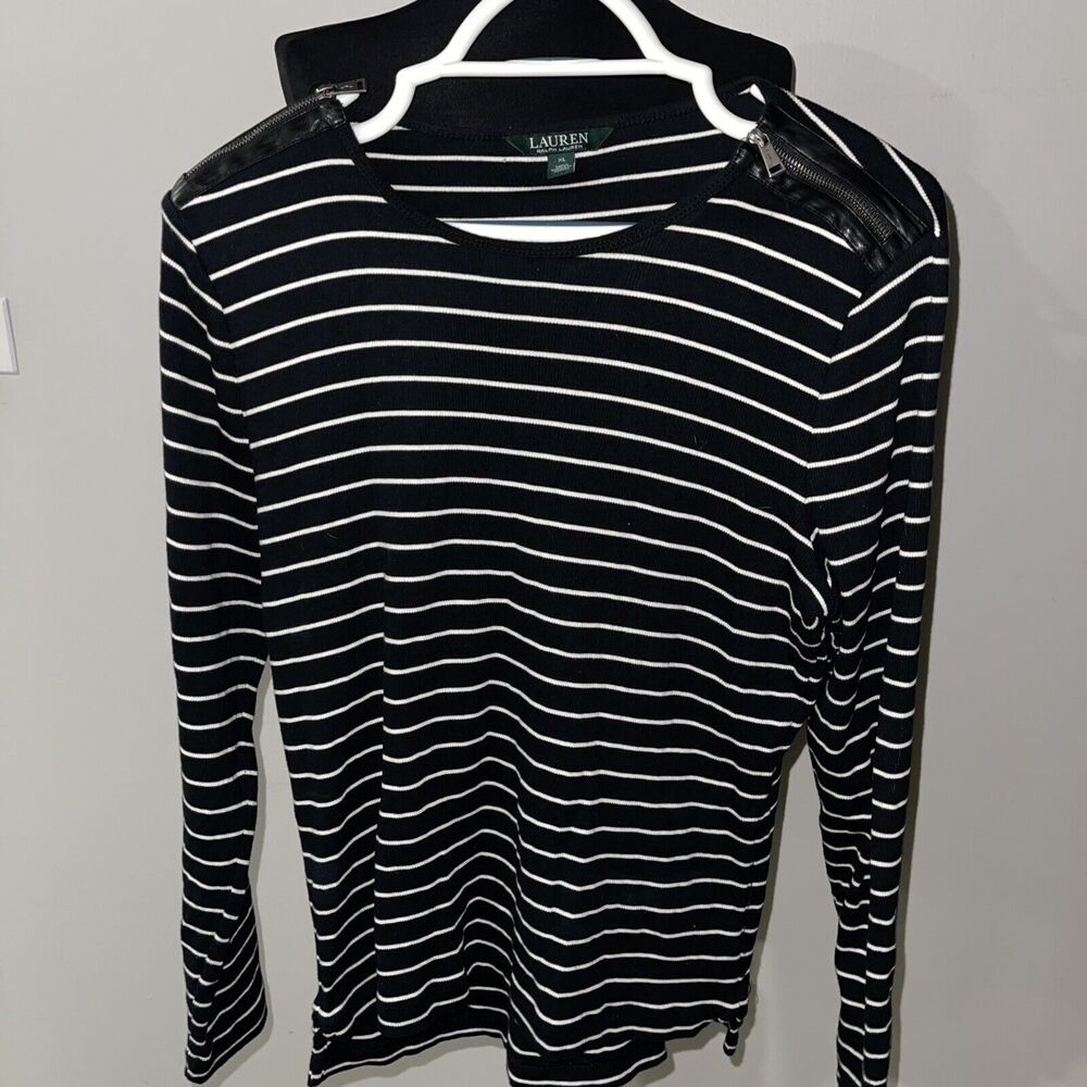 LAUREN Ralph Lauren Knit Top Womens XL Zipper Shoulder LS Ribbed Sweater